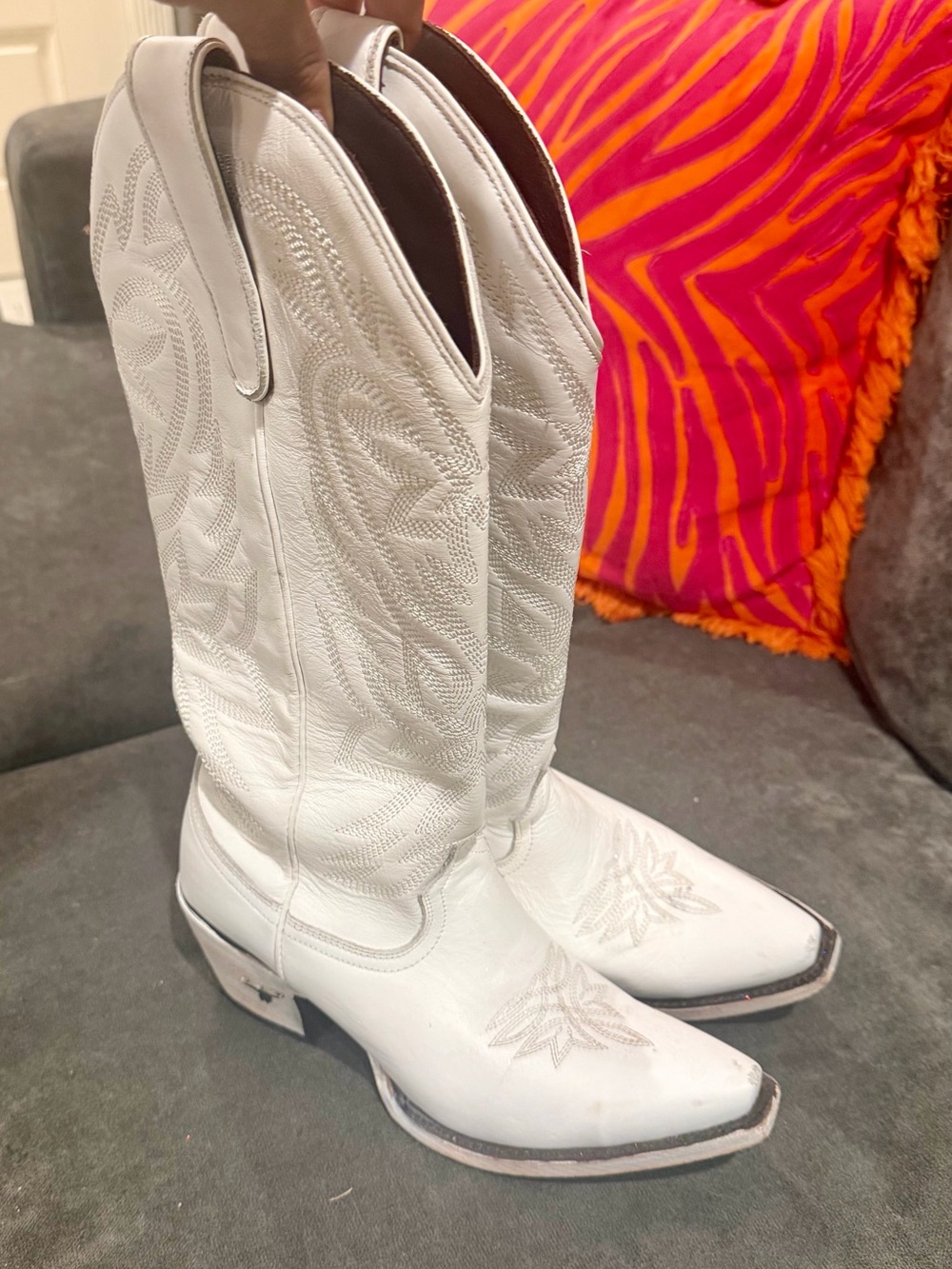 White Embroidered Western Heeled Boots for Women